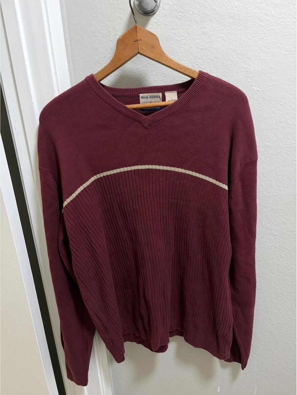 VTG High Sierra Sweater L Maroon Long Sleeve Accent Stripe